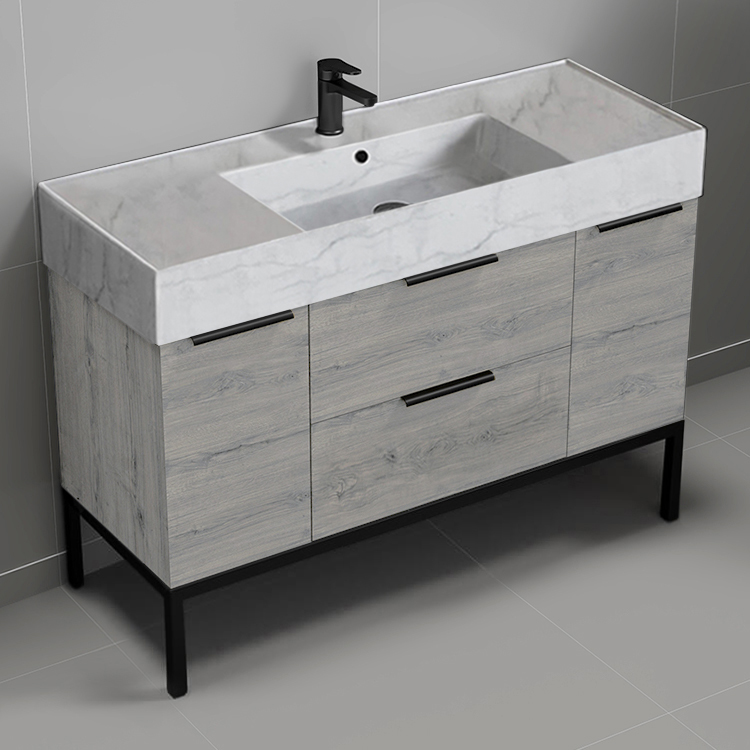 Nameeks DERIN770 Modern Bathroom Vanity With Marble Design Sink, Floor Standing, 48 Inch, Grey Oak